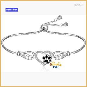 Sterling Silver Paw Print Bracelet Adjustable Angel Wing Memorial Pet Lover Gift